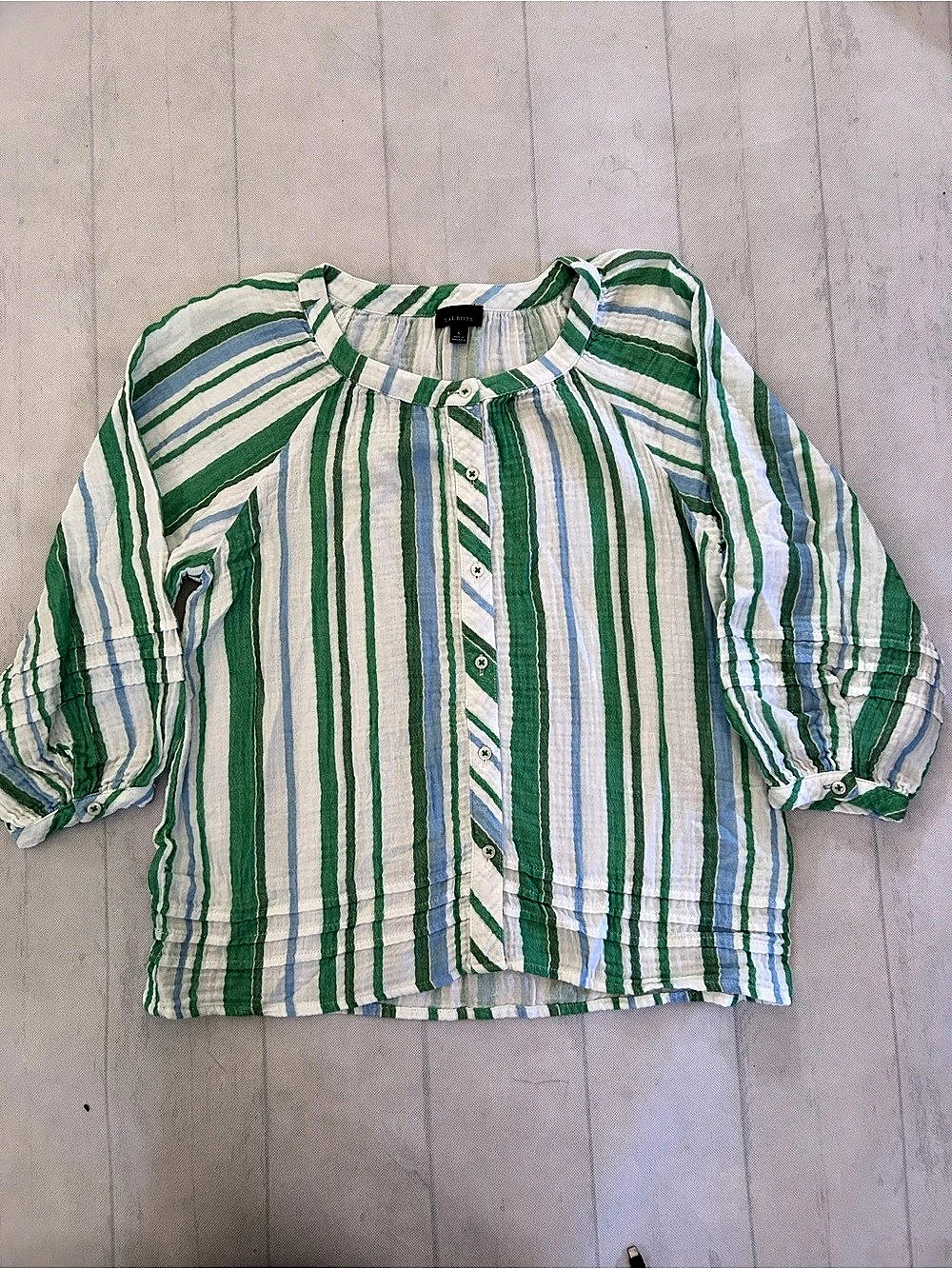 Talbots Striped Blouse in Green & White Size Small 100% cotton